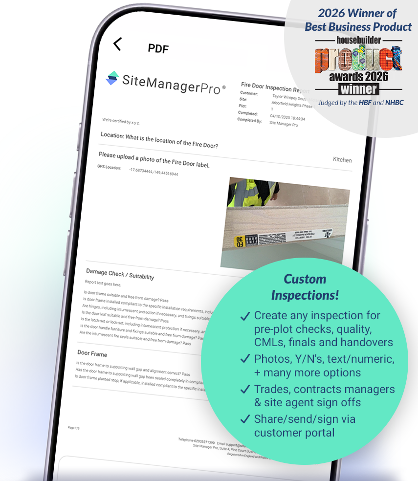 Official SMP product image showing a custom inspection report with supporting photographs